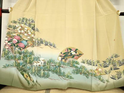 平和屋着物●訪問着　友禅　作家物　扇面群れ鶴花文　正絹　逸品　AABE7585ck