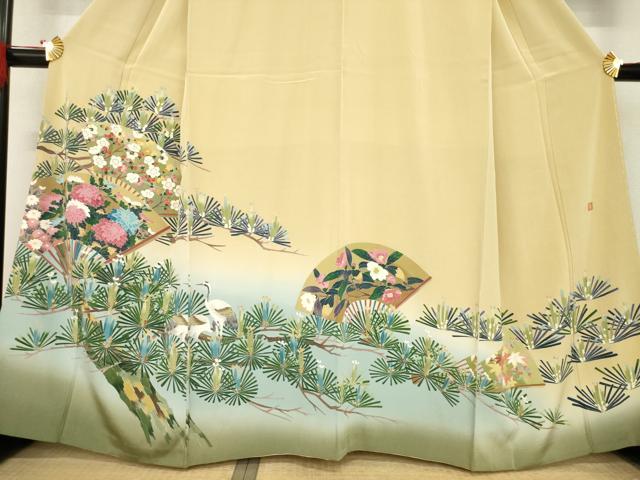 平和屋着物●訪問着　友禅　作家物　扇面群れ鶴花文　正絹　逸品　AABE7585ck