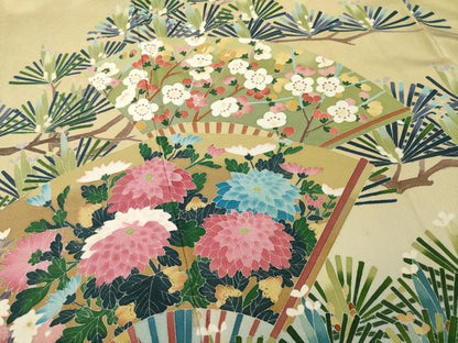 平和屋着物●訪問着　友禅　作家物　扇面群れ鶴花文　正絹　逸品　AABE7585ck