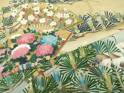 平和屋着物●訪問着　友禅　作家物　扇面群れ鶴花文　正絹　逸品　AABE7585ck
