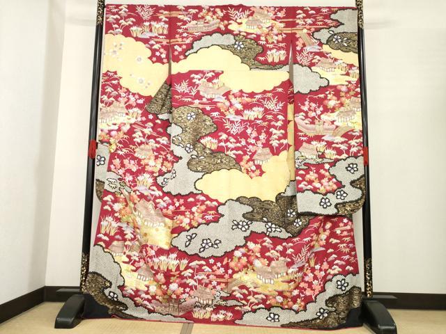 平和屋着物●豪華振袖　駒刺繍　風景花文　金彩　ロング丈　正絹　逸品　AABE7600ck 平和屋着物○豪華振袖 駒刺繍 風景花文 金彩 ロング丈 正絹 逸品