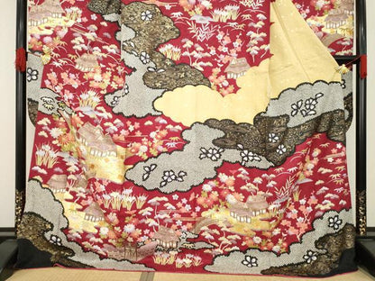 平和屋着物●豪華振袖　駒刺繍　風景花文　金彩　ロング丈　正絹　逸品　AABE7600ck