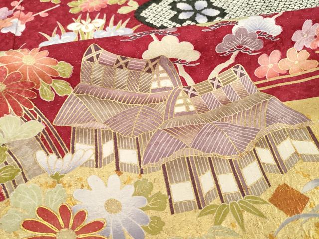 平和屋着物●豪華振袖　駒刺繍　風景花文　金彩　ロング丈　正絹　逸品　AABE7600ck