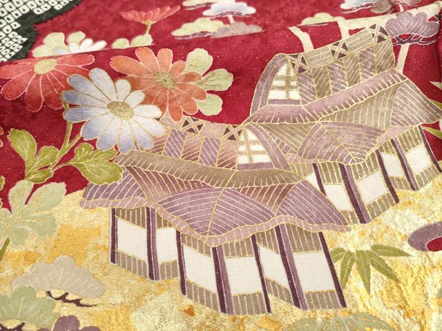 平和屋着物●豪華振袖　駒刺繍　風景花文　金彩　ロング丈　正絹　逸品　AABE7600ck 平和屋着物○豪華振袖 駒刺繍 風景花文 金彩 ロング丈 正絹 逸品