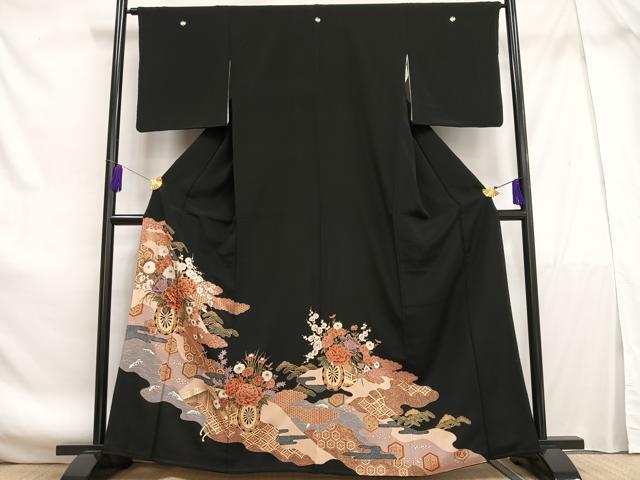 平和屋着物■豪華黒留袖　駒刺繍　花車文　金彩　正絹　逸品　AABE7708oa