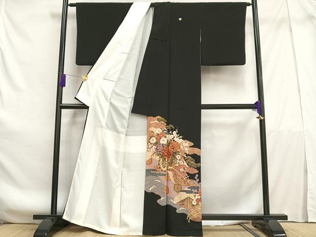 平和屋着物■豪華黒留袖　駒刺繍　花車文　金彩　正絹　逸品　AABE7708oa
