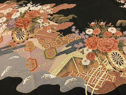 平和屋着物■豪華黒留袖　駒刺繍　花車文　金彩　正絹　逸品　AABE7708oa