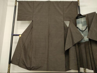 平和屋着物●男性　紬　アンサンブル　色無地　赤墨色　正絹　逸品　AABE7726ck