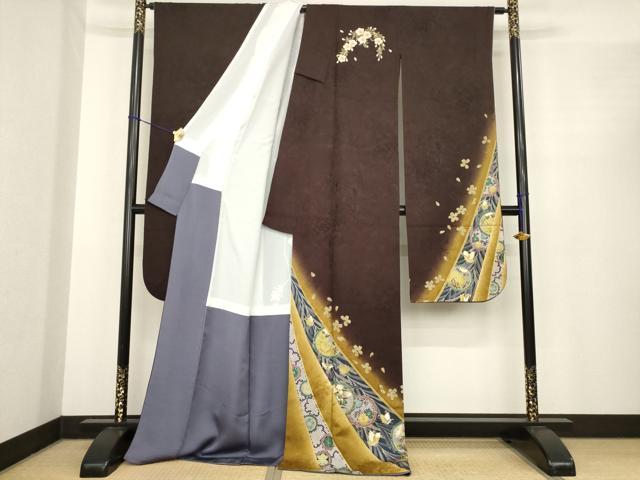 平和屋着物●尾上菊之助　振袖　駒刺繍　雪輪花文　暈し染め　金彩　ロング丈　正絹　逸品　AABE7741ck