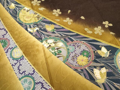 平和屋着物●尾上菊之助　振袖　駒刺繍　雪輪花文　暈し染め　金彩　ロング丈　正絹　逸品　AABE7741ck