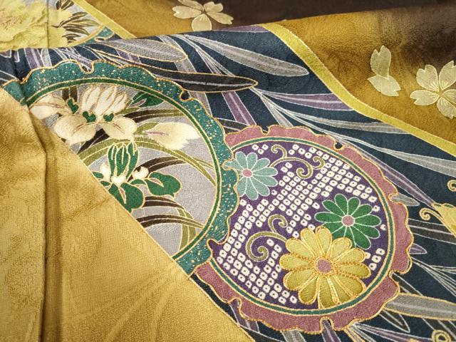 平和屋着物●尾上菊之助　振袖　駒刺繍　雪輪花文　暈し染め　金彩　ロング丈　正絹　逸品　AABE7741ck