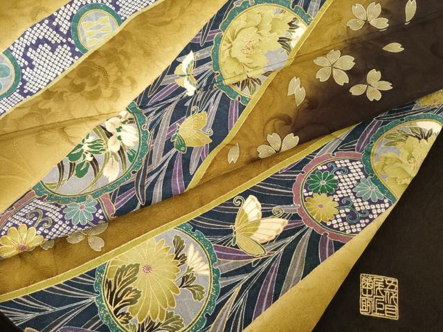 平和屋着物●尾上菊之助　振袖　駒刺繍　雪輪花文　暈し染め　金彩　ロング丈　正絹　逸品　AABE7741ck