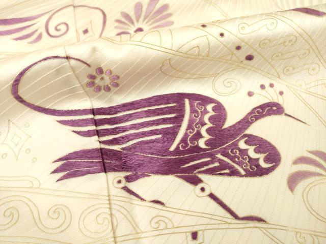平和屋着物●京の名門　じゅらく謹製　帝王紫(古代帝王紫)　訪問着　刺繍　花鳥文　金彩　正絹　逸品　AABE7745ck じゅらく帝王紫 刺繍 友禅 未使用 希少 訪問着 花柄 正絹 紫 藤色 黄緑