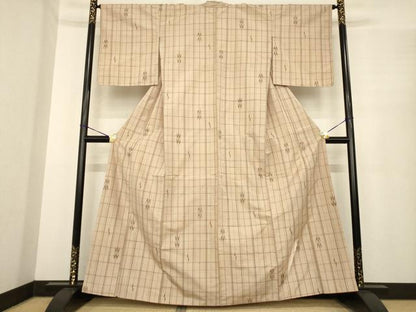 平和屋着物●上質な紬　格子　正絹　逸品　AABE7746ck