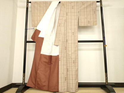 平和屋着物●上質な紬　格子　正絹　逸品　AABE7746ck