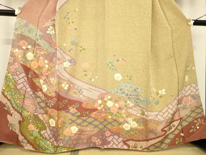 平和屋着物●訪問着　作家物　染苑　流水花文　金彩　正絹　逸品　AABE7747ck