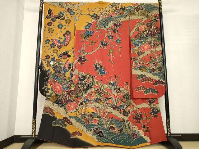 平和屋着物●豪華振袖　紅型　風景鴛鴦花蝶文　暈し染め　正絹　逸品　AABE7753ck