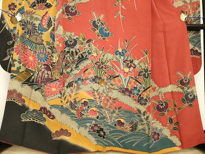 平和屋着物●豪華振袖　紅型　風景鴛鴦花蝶文　暈し染め　正絹　逸品　AABE7753ck