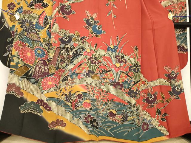 平和屋着物●豪華振袖　紅型　風景鴛鴦花蝶文　暈し染め　正絹　逸品　AABE7753ck