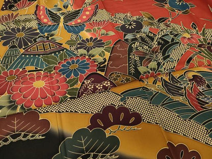 平和屋着物●豪華振袖　紅型　風景鴛鴦花蝶文　暈し染め　正絹　逸品　AABE7753ck
