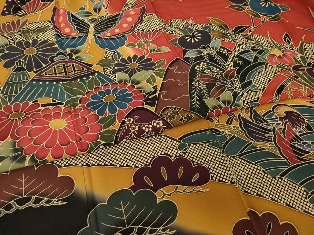 平和屋着物●豪華振袖　紅型　風景鴛鴦花蝶文　暈し染め　正絹　逸品　AABE7753ck