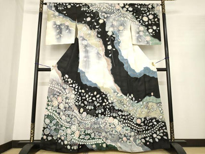 平和屋着物●越後十日町の一流染匠　桐屋・翠山工房　訪問着　辻が花　舞花文　銀通し地　正絹　逸品　AABE7754ck