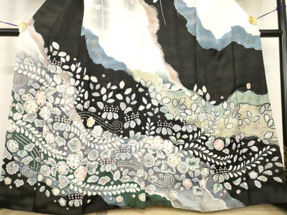 平和屋着物●越後十日町の一流染匠　桐屋・翠山工房　訪問着　辻が花　舞花文　銀通し地　正絹　逸品　AABE7754ck