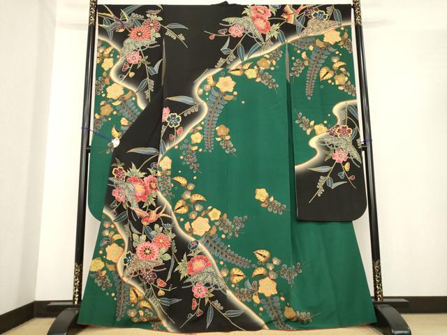 平和屋着物●手ざし京紅型染・宮崎紅型　宮崎良次　振袖　花鳥文　暈し染め　正絹　逸品　AABE7756ck