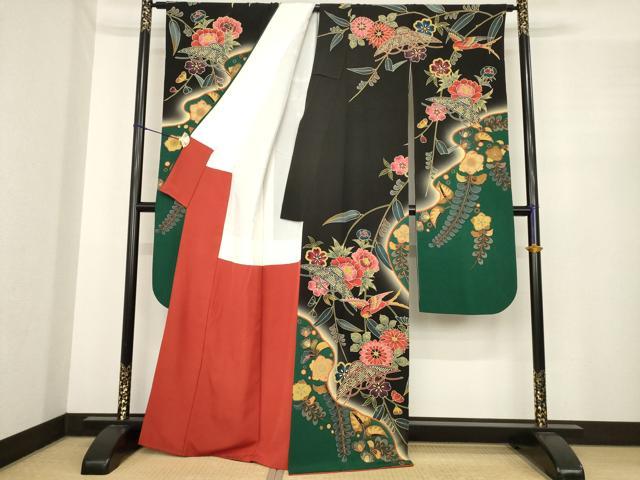 平和屋着物●手ざし京紅型染・宮崎紅型　宮崎良次　振袖　花鳥文　暈し染め　正絹　逸品　AABE7756ck
