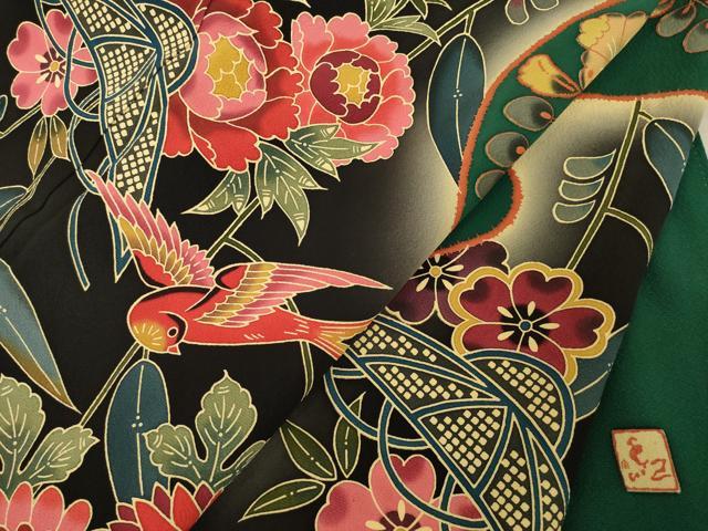 平和屋着物●手ざし京紅型染・宮崎紅型　宮崎良次　振袖　流水花鳥文　正絹　逸品　DABC2543ud 平和屋着物○手ざし京紅型染・宮崎紅型 宮崎良次 振袖 花鳥