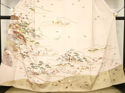 平和屋着物●訪問着　駒刺繍　渡り橋風景花文　金彩　正絹　逸品　AABE7763ck