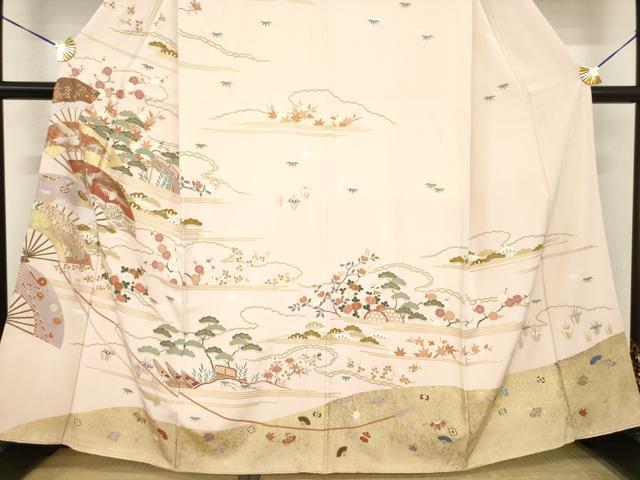 平和屋着物●訪問着　駒刺繍　渡り橋風景花文　金彩　正絹　逸品　AABE7763ck