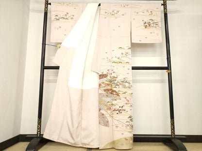 平和屋着物●訪問着　駒刺繍　渡り橋風景花文　金彩　正絹　逸品　AABE7763ck