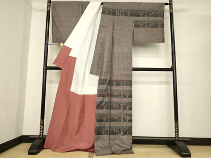 平和屋着物●本場大島紬　訪問着　カタス9マルキ　刺繍　横段樹林文　正絹　逸品　AABE7767ck