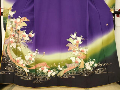 平和屋着物●ブライダルファッションデザイナー・桂由美　振袖　御所車花文　暈し染め　正絹　逸品　AABE7782ck
