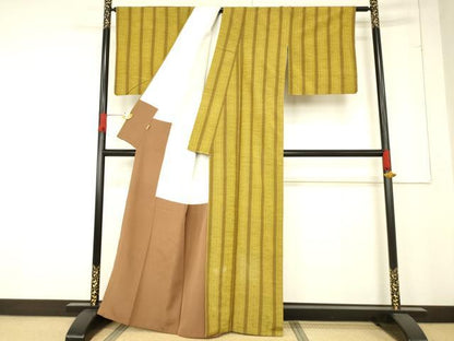 平和屋着物●花織　紬　縞　ますいわ屋扱い　正絹　逸品　AABE7783ck