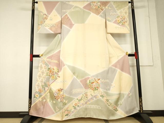 平和屋着物●創業460年・千總　訪問着　駒刺繍　更紗花鳥文　暈し染め　金彩　正絹　逸品　未使用　AABE7784ck