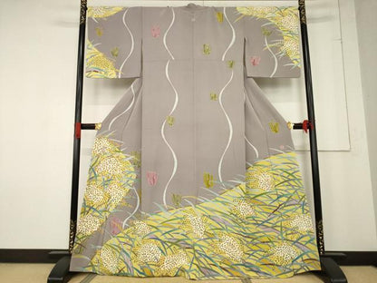 平和屋着物●本加賀友禅作家　森内瑞恵　訪問着　田の実　蜻蛉　鳩羽鼠色地　正絹　逸品　AABE7790ck