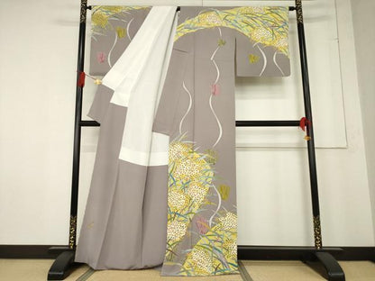 平和屋着物●本加賀友禅作家　森内瑞恵　訪問着　田の実　蜻蛉　鳩羽鼠色地　正絹　逸品　AABE7790ck