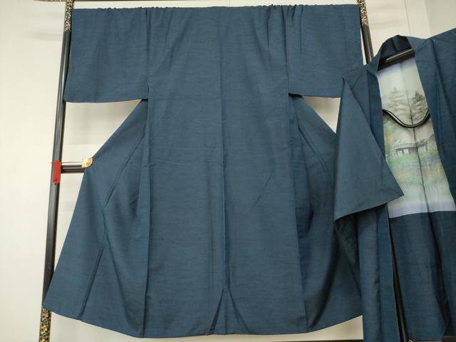 平和屋着物●男性　紬　アンサンブル　色無地　藍鉄色　正絹　逸品　AABE7797ck