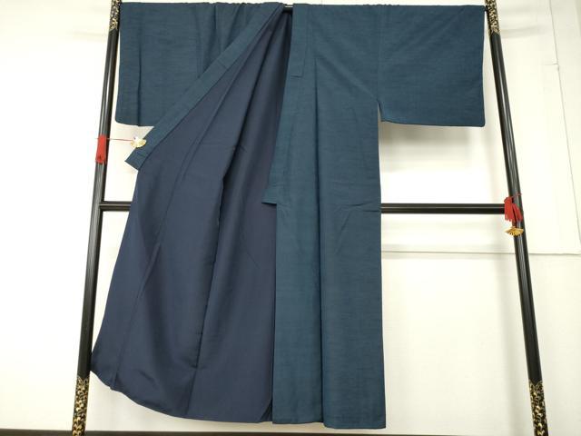 平和屋着物●男性　紬　アンサンブル　色無地　藍鉄色　正絹　逸品　AABE7797ck