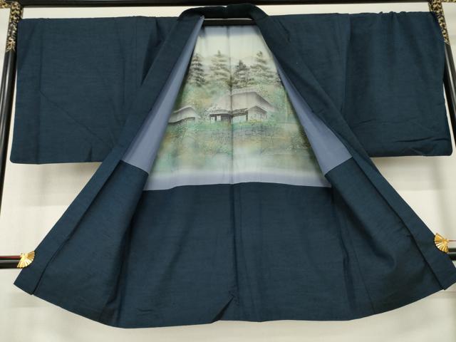 平和屋着物●男性　紬　アンサンブル　色無地　藍鉄色　正絹　逸品　AABE7797ck