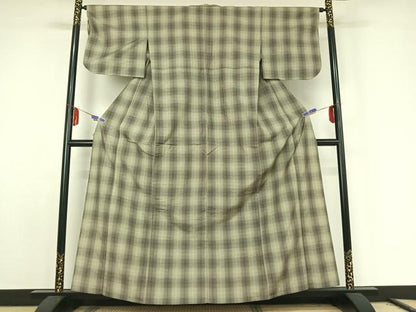 平和屋着物▽上質な紬 単衣 格子 正絹 逸品 AABE8043jh