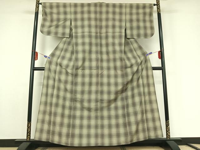 平和屋着物▽上質な紬 単衣 格子 正絹 逸品 AABE8043jh
