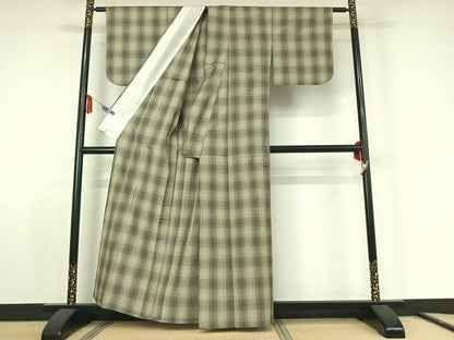 平和屋着物▽上質な紬 単衣 格子 正絹 逸品 AABE8043jh