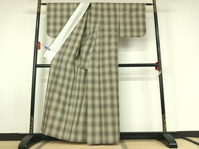 平和屋着物▽上質な紬 単衣 格子 正絹 逸品 AABE8043jh