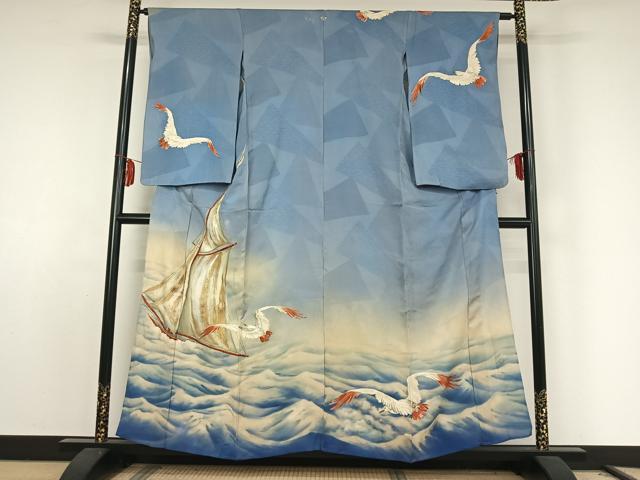 平和屋着物▽アンティーク　大正ロマン　訪問着　単衣　手描き　刺繍　立波飛鳥文　船　暈し染め　金彩　金銀糸　正絹　逸品　AABE8055jh