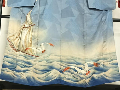 平和屋着物▽アンティーク　大正ロマン　訪問着　単衣　手描き　刺繍　立波飛鳥文　船　暈し染め　金彩　金銀糸　正絹　逸品　AABE8055jh