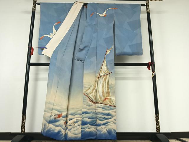 平和屋着物▽アンティーク　大正ロマン　訪問着　単衣　手描き　刺繍　立波飛鳥文　船　暈し染め　金彩　金銀糸　正絹　逸品　AABE8055jh