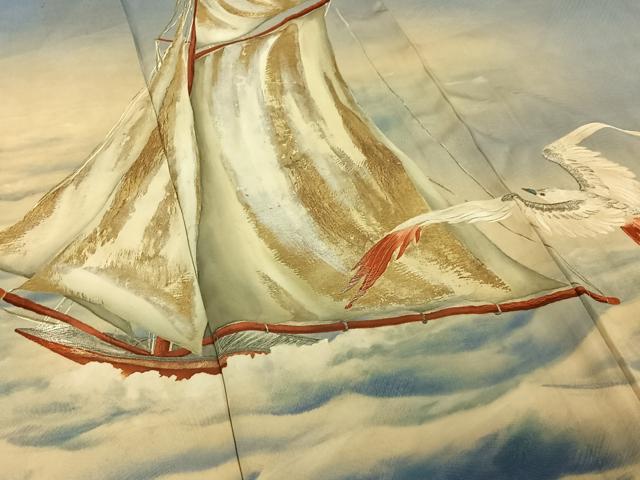 平和屋着物▽アンティーク 大正ロマン 訪問着 単衣 手描き 刺繍 立波飛鳥文